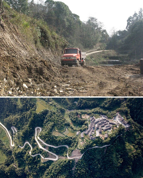 拼版照片：上圖為2011年12月拍攝的湖南省湘西土家族苗族自治州花垣縣十八洞村進(jìn)村道路；下圖為2019年9月拍攝的十八洞村及進(jìn)村道路。