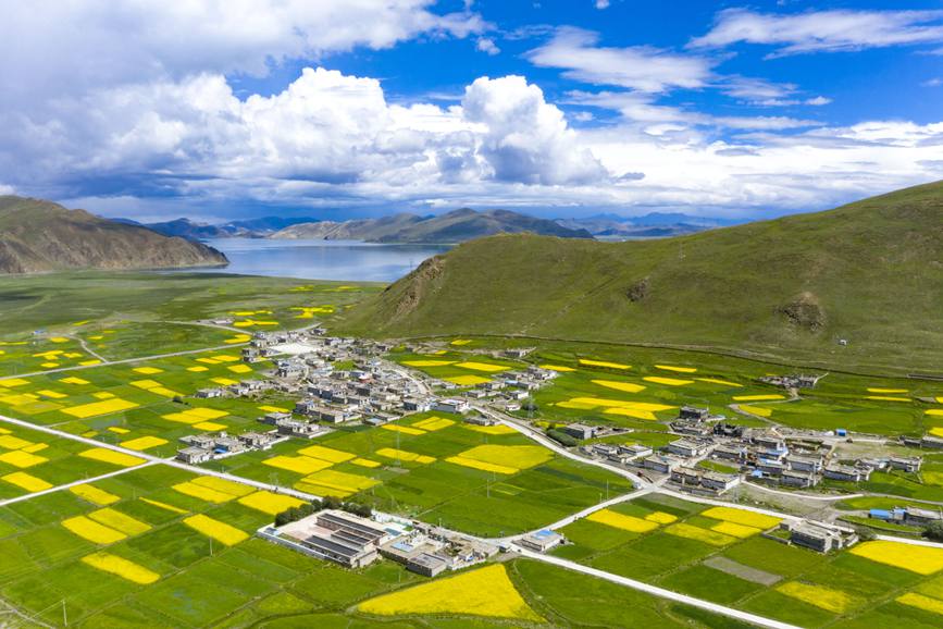 航拍道布龍村，依山傍水，阡陌縱橫。